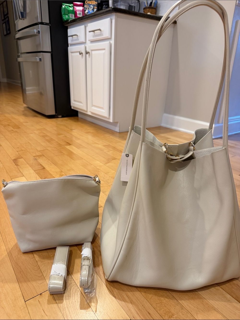 Anthropologie Cream Pebbled Shoulder Tote with Removable Pouch